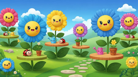With showing whimsical cartoon flowers with smiling faces and ladybugs in a vibrant garden setting keywords: cartoon...の写真素材