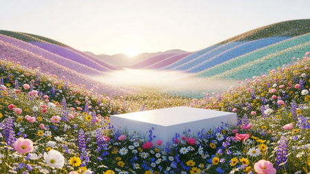A white rectangular podium sits in a lush field of diverse, colorful wildflowers against rolling hills at sunrise.の写真素材