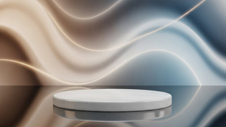 With showing white circular pedestal on reflective surface with softly lit abstract background waves.の写真素材