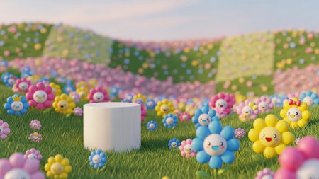 A whimsical field of smiling cartoon flowers surrounds a white cylindrical podium, set against a backdrop of rolling...の写真素材