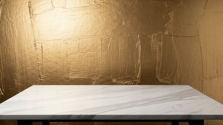 A smooth white marble tabletop with grey veining is positioned before a richly textured, brushed golden metallic...の写真素材