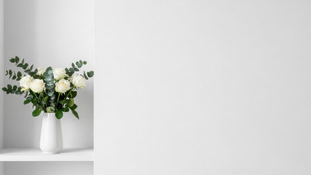 With showing white roses in a white vase on a white shelf with a white wall background and soft light.の写真素材
