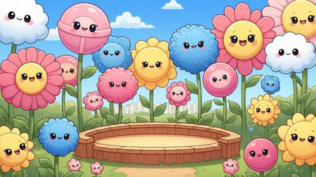 A cheerful cartoon garden filled with smiling flowers, fluffy clouds, and a small wooden stage under a bright blue sky.の写真素材