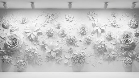 A detailed white 3D floral wall relief featuring roses hydrangeas and leaves creates an intricate textured surface.の写真素材