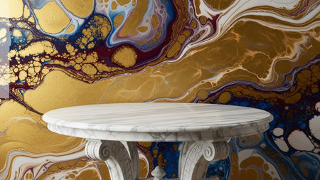 A white marble pedestal table sits in front of a dynamic abstract background with swirling patterns of gold, blue,...の写真素材