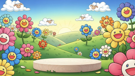 A vibrant cartoon meadow filled with smiling flowers and fluffy sheep under a bright sun and blue sky.の写真素材