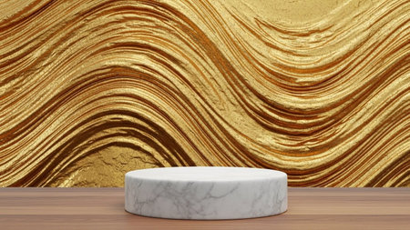 A white marble podium rests on a polished wooden surface, set against an opulent, shimmering gold background with a...の写真素材