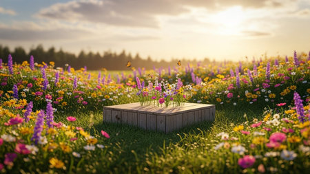 A rustic wooden podium sits in a sun-drenched meadow filled with colorful wildflowers, with butterflies fluttering...の写真素材