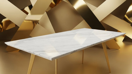A white marble tabletop with a subtle veined pattern rests on angled gold legs, set against a backdrop of shimmering...の写真素材