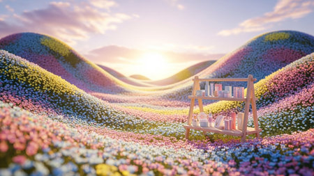 Rolling hills blanketed in a vibrant mix of colorful flowers are bathed in golden sunrise light, with a wooden shelf...の写真素材