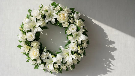 A circular wreath of white roses and lilies with green leaves casts a soft shadow on a textured white wall.の写真素材