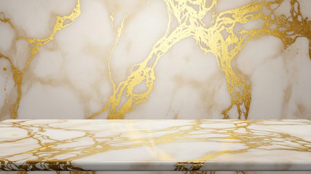 A polished white marble surface is adorned with intricate, flowing golden veins creating a rich texture.の写真素材