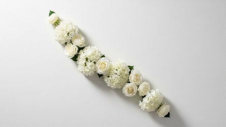 A delicate garland of white roses and hydrangeas forms a graceful curve on a clean, bright white studio background...の写真素材