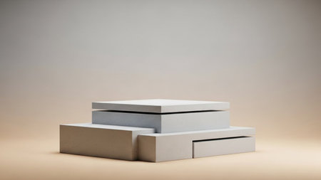 A minimalist geometric display podium constructed from stacked concrete blocks with clean lines and...