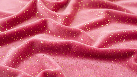 A close-up view of soft pink velvet fabric with scattered gold glitter sparkles, featuring folds and...