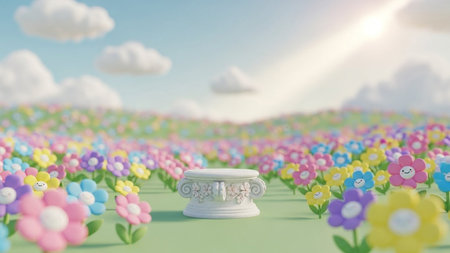 A white decorative pedestal sits in a vibrant field of smiling cartoon flowers under a bright blue sky with sun rays.の写真素材