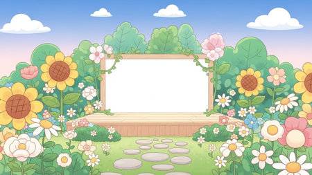 A charming cartoon garden a wooden stage with a blank screen, framed by colorful flowers, lush trees, and a bright...の写真素材