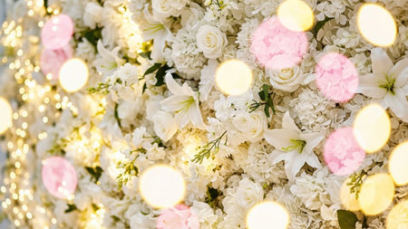 A densely packed wall of white roses and lilies is illuminated by sparkling bokeh lights and soft...