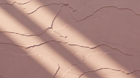 Rose pink plaster surface with undulating texture and sharp diagonal sunlight shadows creating a...