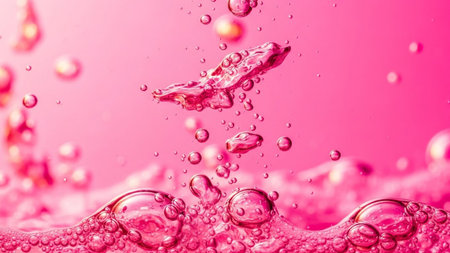 Close-up view of vibrant pink liquid with many small and large bubbles rising and bursting, creating...
