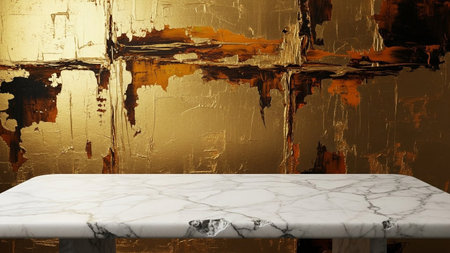 A white marble countertop with rough, broken edges is placed against a textured gold and dark brown...