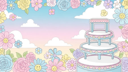 A whimsical pastel cartoon a tiered cake with flowers and clouds, evoking a cheerful and sweet...