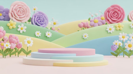 A whimsical 3D rendered landscape with rolling pastel hills, colorful flowers, and a tiered display...