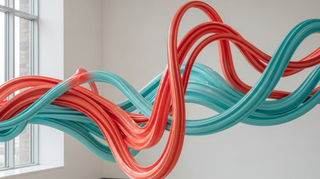 Whimsical showing abstract sculpture of intertwined flowing tubes in vibrant coral and teal colors keywords:...の素材