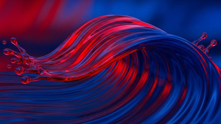 A dynamic abstract form of swirling liquid in vibrant red and deep blue creates a fluid wave shape with splashes.の素材