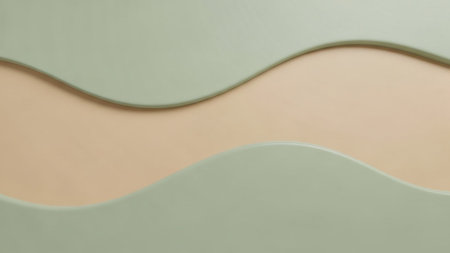 Abstract background featuring smooth, wavy layers of pale green and peach colored creating a soft, organic shape.の素材
