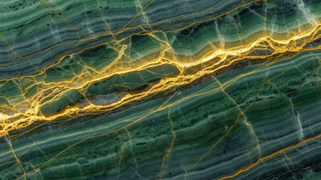 Close-up view of a green malachite stone with striking, intricate golden veins running through its layered surface.の素材