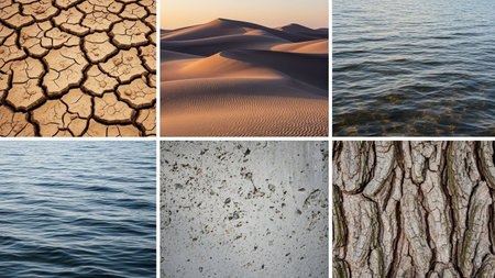 Tree showing collage of six natural textures showing cracked earth desert dunes rippling water concrete surface and...の素材