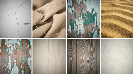 Paint showing collage of eight distinct textures including cracked concrete, rough burlap fabric, peeling paint on...の素材