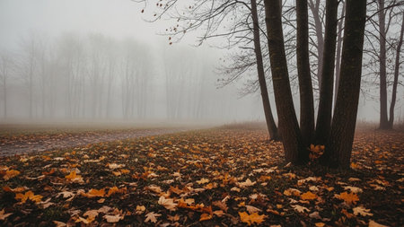 Earthy showing misty autumn forest scene with bare trees and fallen leaves covering the ground in muted earthy tones...の素材