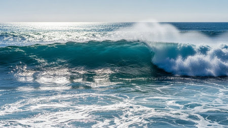 A powerful ocean wave breaks with a dramatic plume of white spray under a clear blue sky, with sunlight sparkling on...の素材