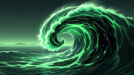 A powerful green ocean wave crashes with swirling water and glowing edges against a dark, moody sky.の素材