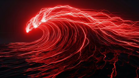 A powerful, glowing red wave crashes with luminous electric lightning streaks against a dark, turbulent ocean surface.の素材