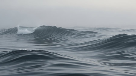 Ocean showing ocean waves cresting and rolling in a serene misty grey atmosphere with subtle light reflections on...の素材