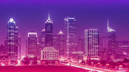 A vibrant cityscape at night bathed in neon purple and pink light, featuring illuminated skyscrapers and glowing...の素材