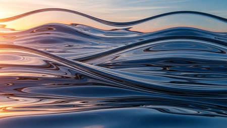 Abstract showing abstract liquid waves reflecting golden sunset sky and deep blue ocean surface. resolution...の素材
