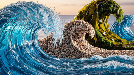 Life showing artistic ocean waves composed of seashells and seaweed crashing against a blue water wave keywords:...の素材