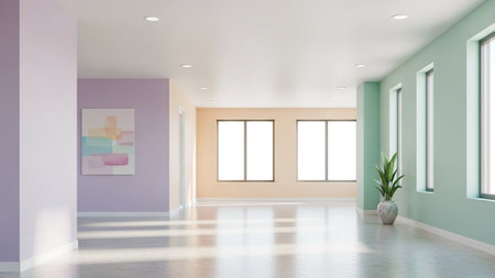 A bright, modern interior hallway pastel walls, large windows with natural light, and a polished concrete floor.の素材