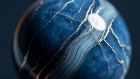 Silver showing close up macro shot of a blue marble with intricate silver veins and swirling patterns.の素材