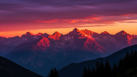 A dramatic sunset paints the sky in fiery oranges and purples over a mountain range, with silhouetted pine trees in...の素材