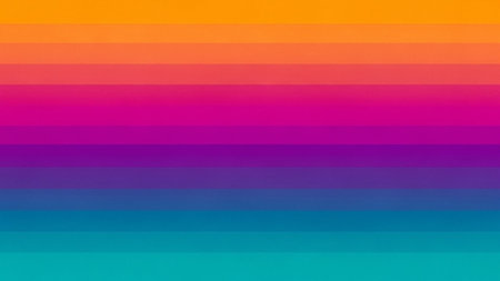 A clean, abstract background composed of horizontal, evenly spaced stripes in a vibrant color gradient from orange...の素材