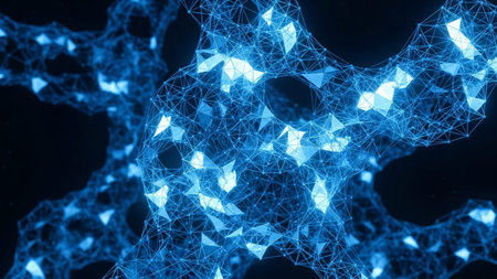 A complex, glowing blue network of interconnected geometric shapes and lines against a dark background.の素材