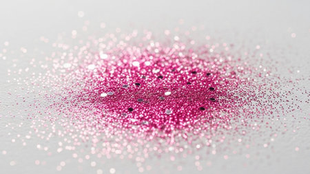 A close-up view of vibrant pink glitter and tiny reflective particles scattered across a white surface.の素材
