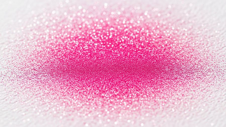 A concentrated pile of bright pink glitter sparkles is scattered across a textured white surface, creating a...の素材