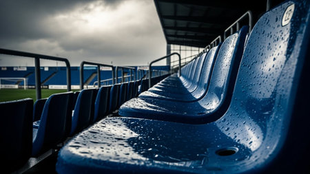 Soccer showing empty blue stadium seats are wet with raindrops under a cloudy sky with a football field in the...の素材
