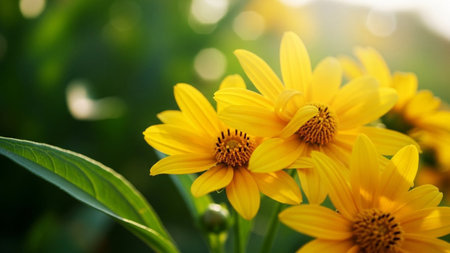 A detailed macro view of vibrant yellow flowers with soft green bokeh and warm sunlight illuminating the petals.の素材